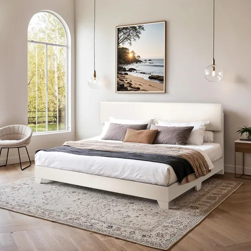 Vista 3 de SHA CERLIN Base de cama tamaño King con cabecera ajustable, plataforma tapizada de piel sintética con listones de madera, base de colchón estable