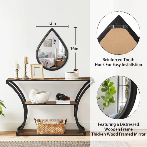 Vista 5 de Espejo de lágrima con marco de madera, espejos negros para colgar en la pared, pequeños espejos decorativos ovalados, espejo único ovalado