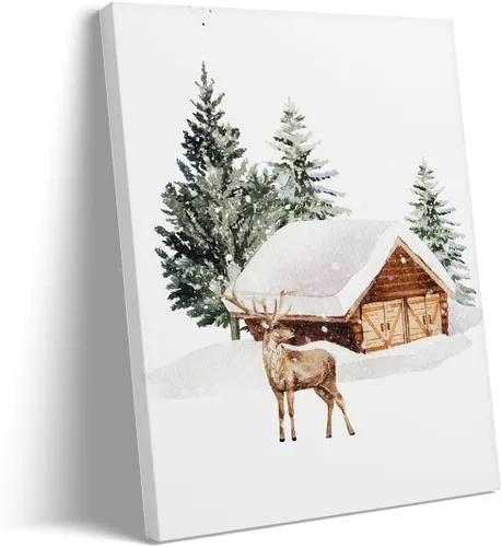 Vista 10 de Arte de pared de pueblo de invierno, encantadoras casas de pueblo cubiertas de nieve, escena nocturna acogedora, arte de pared, decoración navideña