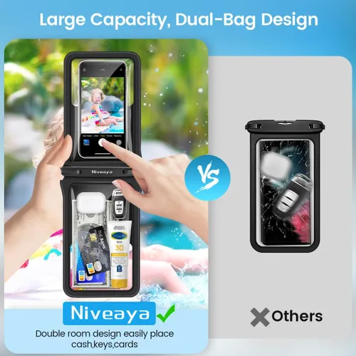 Vista 8 de Niveaya Bolsa impermeable para teléfono con doble espacio - 2 unidades, funda impermeable con cordón para iPhone 16/15/14/13/12 Pro Max hasta 8.3