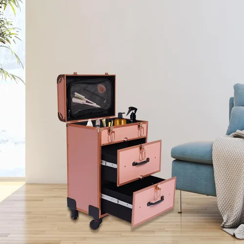 Vista 3 de Estuche de maquillaje profesional con ruedas, con cajones, carrito grande para cosméticos con cerraduras, organizador de almacenamiento