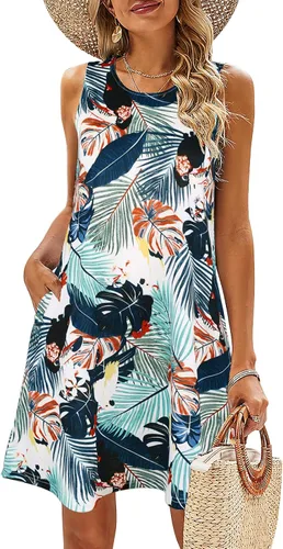 Vista 64 de SimpleFun - Vestidos de verano para mujer, camiseta floral, vestido de playa de estilo bohemio, informal, con bolsillos y sin mangas