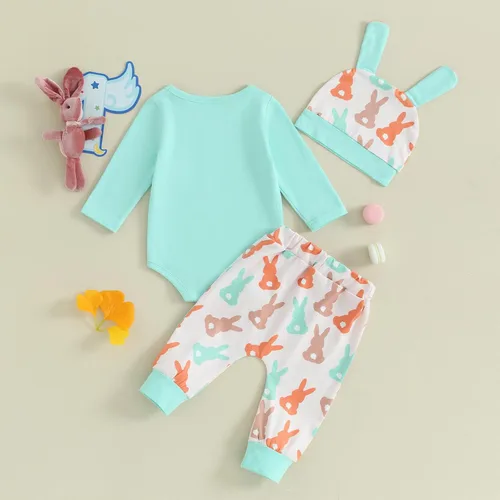 Vista 4 de hhchenyulemon Conjunto de mameluco de manga corta con estampado de conejito y gorro, ropa para bebés y niños pequeños