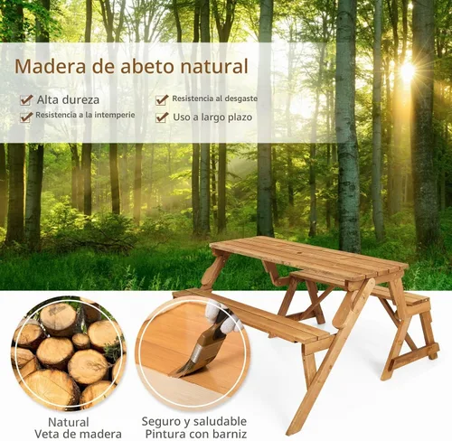Vista 3 de GYMAX Mesa de picnic, juego de mesa de picnic convertible 2 en 1, mesa de picnic de madera intercambiable transformable con agujero para paraguas