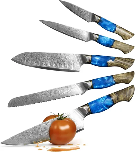 Vista 9 de Cuchillo de cocina de Damasco, acero de damasco de 67 capas, juego de cuchillos de chef profesionales de 13 pulgadas para cocina, mango ergonómico