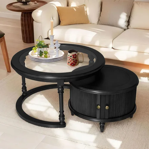 Vista 7 de LKTART Mesa auxiliar anidable para sala de estar, mesas de centro redondas de madera maciza de vidrio templado con almacenamiento, mesa central