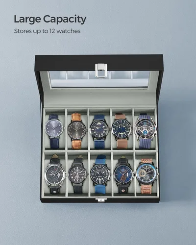 Vista 5 de SONGMICS Caja de reloj, caja de reloj de 10 ranuras con tapa de vidrio grande, almohadas extraíbles para reloj, organizador de caja de reloj, regalo