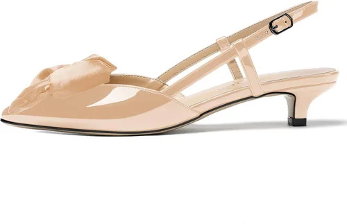 Vista 2 de WAYDERNS Zapatos de tacón bajo con hebilla y lazo de satén para mujer, patente y patente, tacón bajo, 1.5 pulgadas