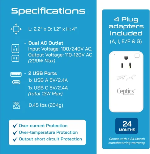 Vista 5 de Ceptics Convertidor de voltaje reductor de 200 W – Convertidor de voltaje de 220 V a 110 V para rizador, alisador, cargador – Carga rápida USB-A y C