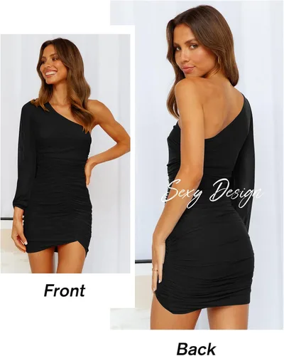 Vista 7 de MASCOMODA Vestido de manga larga sexy con un hombro descubierto para mujer, vestido corto fruncido de malla de manga larga sexy elástico para fiesta