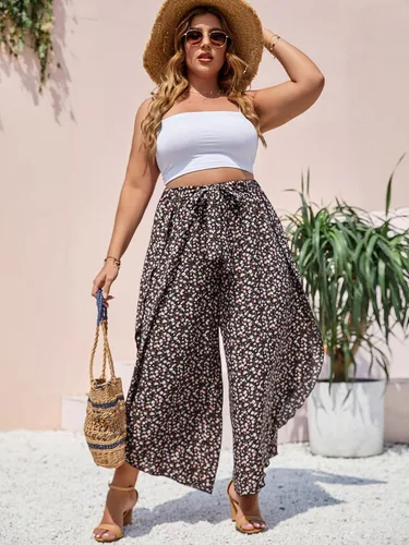 Vista 4 de MakeMeChic Pantalones de pierna ancha con cintura alta y lazo frontal para mujer, talla grande