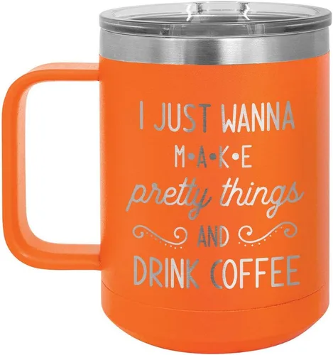Vista 6 de Taza de café negra con tapa deslizante para hacer cosas bonitas y bebidas, 15 onzas, taza de café con aislamiento de viaje, ideas de regalo