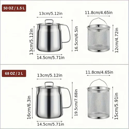Vista 6 de Olla de Freidora Profunda de Acero Inoxidable 304 de 50oz con Cesta y Colador, Recipiente de Gran Capacidad para Grasa de Tocino para Cocina