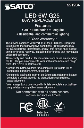 Vista 7 de Satco 6Pk 6w G25 Globo Filamento LED 2700K Base Mediana Regulable - 60W Equiv