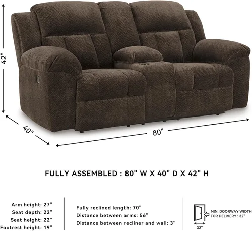 Vista 3 de Signature Design by Ashley Frohn - Sofá biplaza reclinable doble manual moderno con consola, almacenamiento y portavasos, color marrón oscuro