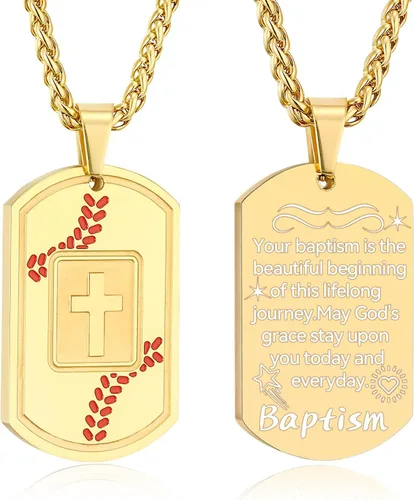 Vista 12 de Collar de cruz con versículo bíblico de béisbol, acero inoxidable, dije de cruz en tono negro/dorado/plateado, regalos religiosos, joyería deportiva