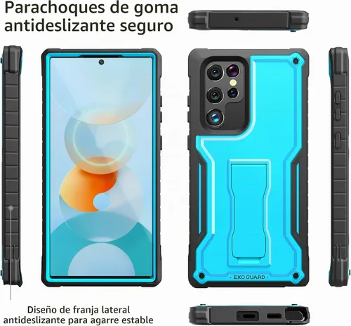 Vista 4 de ExoGuard Funda para Samsung Galaxy S22 Ultra, funda de goma resistente a prueba de golpes con soporte incorporado (azul)