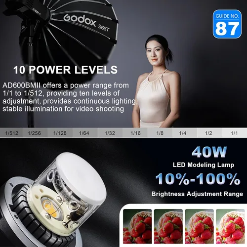 Vista 3 de Godox AD600BMII AD600BM II - Luz estroboscópica para exteriores, para fotografía, flash de estudio de 2.4G 600Ws, montaje Bowens GN87 con lámpara