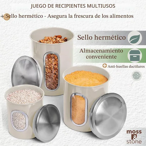 Vista 4 de Moss & Stone Juego de recipientes de 3 piezas beige para la cocina, juego de recipientes herméticos con ventana transparente, tarros