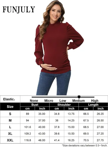Vista 7 de Camiseta de maternidad de punto acanalado para mujer, casual, cuello alto, manga larga, fruncida, túnica para mujeres embarazadas