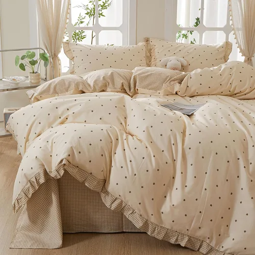 Vista 25 de HighBuy Juego de funda de edredón vintage con volantes y estampado de rayas francesas, 100% algodón con cierre de cremallera, juego de ropa de cama