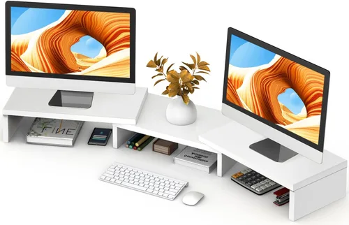 Vista 11 de TAVR - Soporte para monitor doble, organizador de escritorio de oficina para 2 monitores, longitud y ángulo ajustables, 3 estantes, soporte