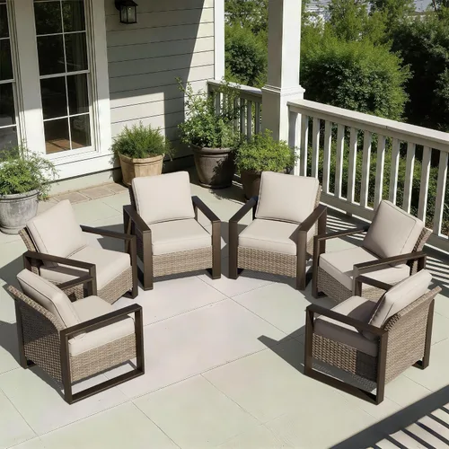 Vista 45 de Joyside - Sofá de mimbre para patio al aire libre, sofá de ratán de 3 plazas con cojines gruesos de olefina y reposabrazos rectangular con marco