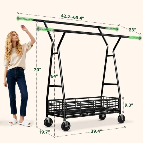 Vista 7 de Raybee Perchero resistente de alta capacidad 285KG, perchero para ropa con varillas dobles y cesta de almacenamiento, perchero portátil para ropa