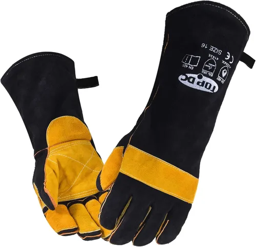 Vista 8 de TOPDC Guantes de trabajo de cuero para hombres o mujeres, guantes de cuero de piel de vaca para jardinería, soldadura TIG/MIG, motosierra, granja