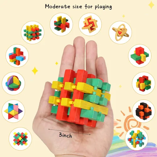 Vista 4 de Syhood Juego de 12 piezas de rompecabezas de madera para el cerebro 3D IQ Challenge Toy Games Logic Mind Smart Puzzle Box Lock Toy Brain Teaser