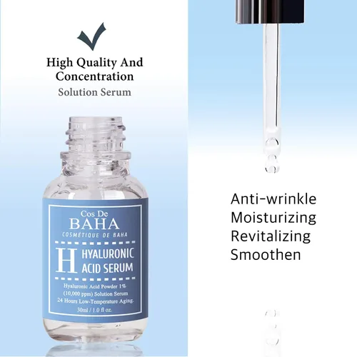 Vista 3 de Cos De BAHA - Suero hialurónico de 1 onza líquida, hialuronato de sodio puro, 10,000 ppm, suero facial hidratante para piel seca y deshidratada
