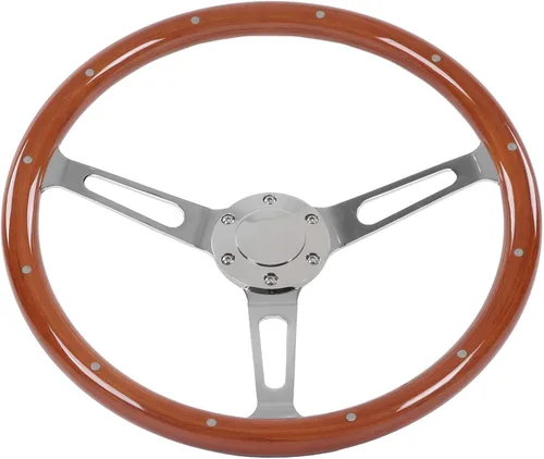 Vista 10 de Volante clásico, volante universal de grano de madera de 14.961 in/15 pulgadas, agarre de nogal con 3 radios remachados 6 agujeros, modificación