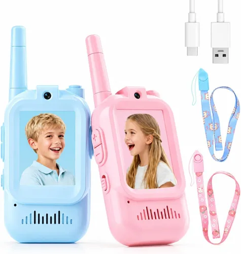 Vista 9 de Walkie Talkies de video para niños, paquete de 2 walkie talkies para niños con bonita cubierta de silicona, cambiador de voz, rango de 1000 pies