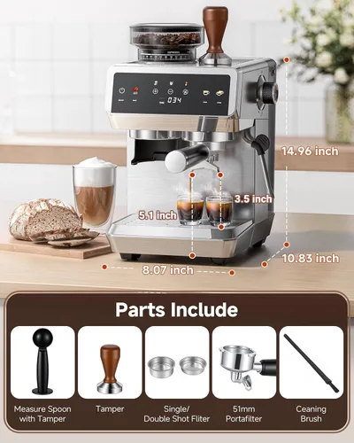 Vista 6 de AMZCHEF Máquina de café expreso con molinillo, control de temperatura de 190 ℉ a 201 ℉ con ajuste de molienda de 44 grados, espumador de leche