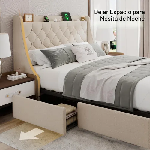 Vista 6 de Einhomn Base de cama tapizada de tamaño completo con 4 cajones de almacenamiento, cama de plataforma con cabecera con respaldo de ala, estación