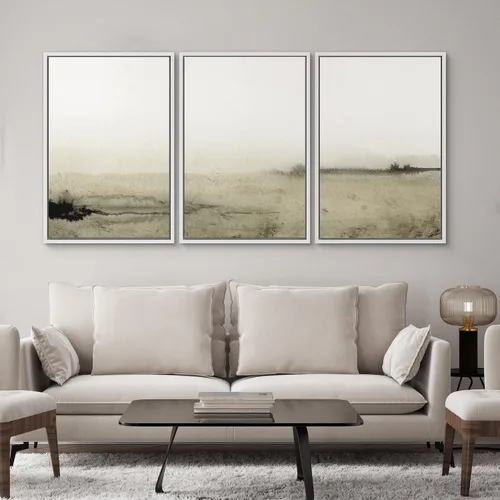 Vista 410 de SIGNWIN Lienzo enmarcado para pared, juego de arte pastel con cadena montañosa, bosque, niebla, naturaleza silvestre, ilustraciones modernas, arte
