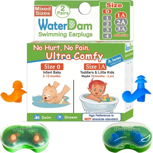 Vista 13 de WaterDam - Tapones de natación para los oídos, grandes, impermeables, ultra cómodos, para evitar el oído de nadador (talla 0: bebé 0-1 año (naranja))