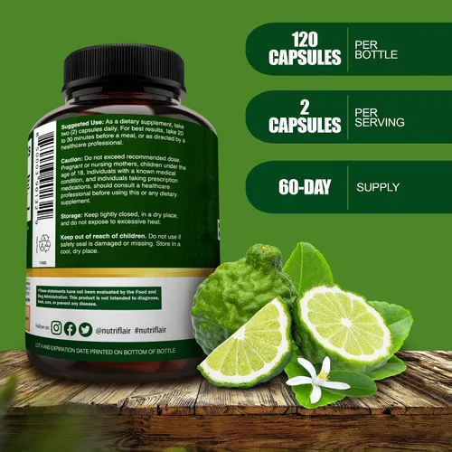 Vista 3 de NutriFlair Bergamota cítrica orgánica de 1400 mg, 120 cápsulas – Bergamia 25:1 – Aceite esencial y bioflavonoides cítricos – Suplementos naturales