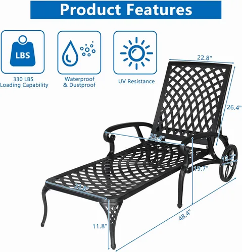 Vista 3 de Outvita Sillas de salón para exteriores, patio reclinable de aluminio fundido con respaldo ajustable y ruedas giratorias para patio trasero, porche