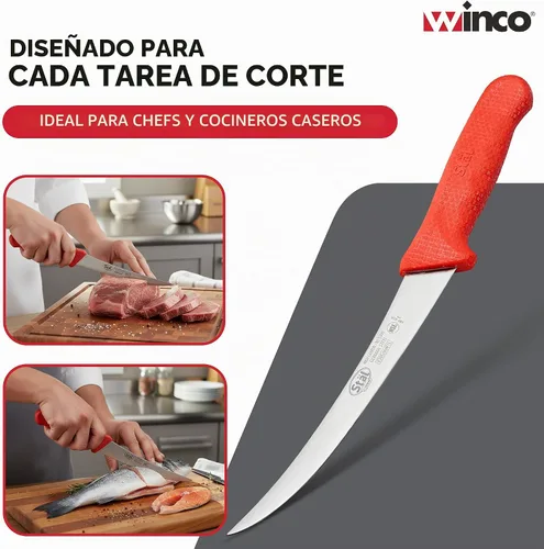 Vista 6 de Winco Cuchillo de deshuesado de acero alemán de grado comercial de 6 pulgadas, curvado, rojo