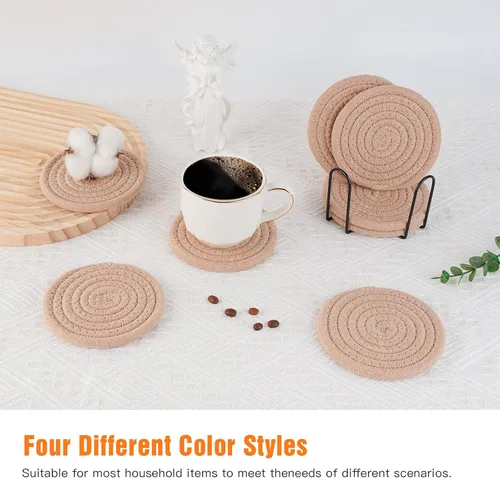 Vista 2 de Posavasos tejidos de algodón con soporte, juego de 8 posavasos absorbentes para protección de mesa, decoración del hogar, gafas, tazas, bar, regalo