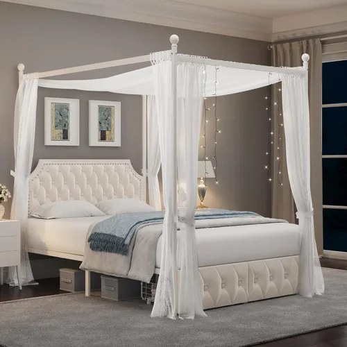Vista 12 de Keyluv - Marco de cama con dosel tapizado tamaño King con 3 cajones y cabecera tapizada con botones, cama de plataforma metálica con 4 postes Beige