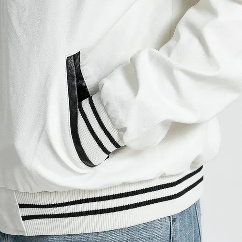 Vista 3 de chuida Chaqueta bomber de piel sintética para hombre, cuello alto, forro polar, resistente al viento, ligera, para motociclista, para carreras