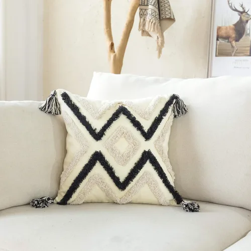 Vista 3 de Funda de almohada tejida estilo bohemio, moderna, decorativa, geométrica, a rayas, cheurón, con borlas, fundas de almohada tribales de granja