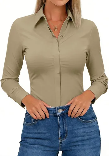 Vista 13 de Aoudery Button Down Shirts for Women Slim Fit Long Sleeve Stretch Dress Shirts Work Shirt Wrinkle Free