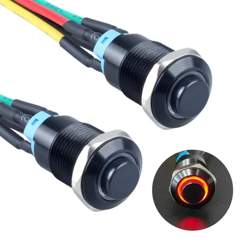 Vista 18 de 2 interruptores de botón con pestillo de 0.472 in con cable pre-soldado de 5.9 in 1NO 12V-24V ON-Off para orificio de montaje de 1/2 pulgada, anillo