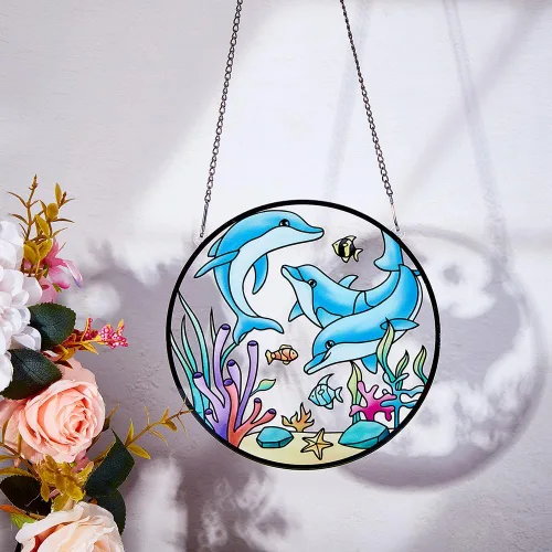 Vista 3 de PLIGREAT Suncatchers - Atrapasoles de cristal acrílico con delfín de pez marino, adorno colgante de árbol para dormitorio, sala de estar, ventana