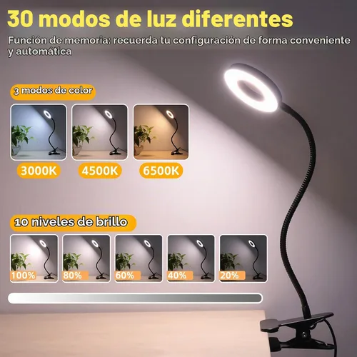 Vista 5 de Foneso Lámpara de escritorio con clip, luz de 48 LED, USB, con 3 modos de color, 10 niveles de brillo, protección ocular, cuello de ganso flexible
