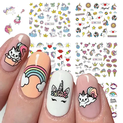 Vista 3 de Calcomanías de uñas de unicornio, calcomanías de transferencia de agua, calcomanías de uñas de corazón, unicornio, arcoíris, dona, diseño de uñas