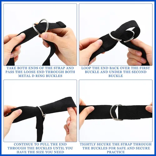 Vista 4 de Leyndo Correa de yoga para estirar, pilates, ejercicio, correas ajustables de 6 pies, cinturón de yoga no elástico con hebilla de anillo en D